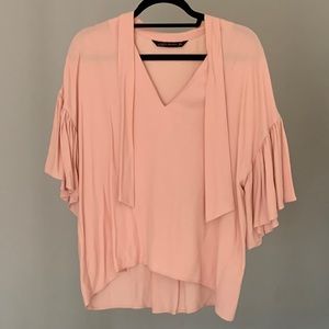 Zara Pink Flowy Top with Shoulder Detail and Tie around neck, Size S